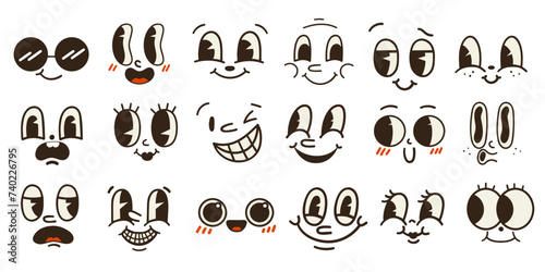 Set of 70s groovy comic faces vector. Collection of cartoon character faces, in different emotions, happy, angry, sad, cheerful. Cute retro groovy hippie illustration for decorative, sticker