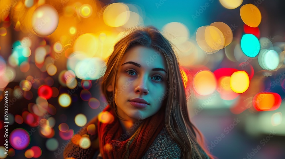 Young Woman with Captivating Eyes in Vibrant Bokeh Light Cityscape at Night Young Woman with Captivating Eyes in Vibrant Bokeh Light Cityscape at Night