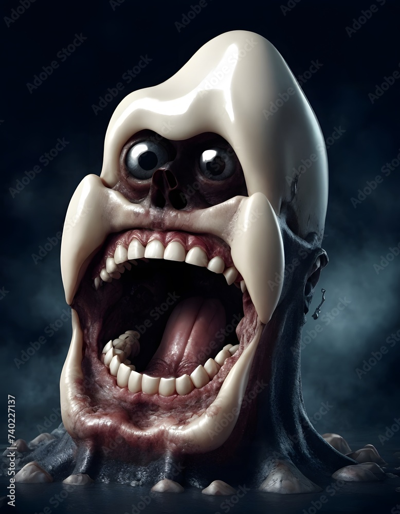 An art statue of a fictional character with a jawdropping happy expression and mouth wide open, showing toothy grin. A comedic representation of darkness in animation, ready to shout