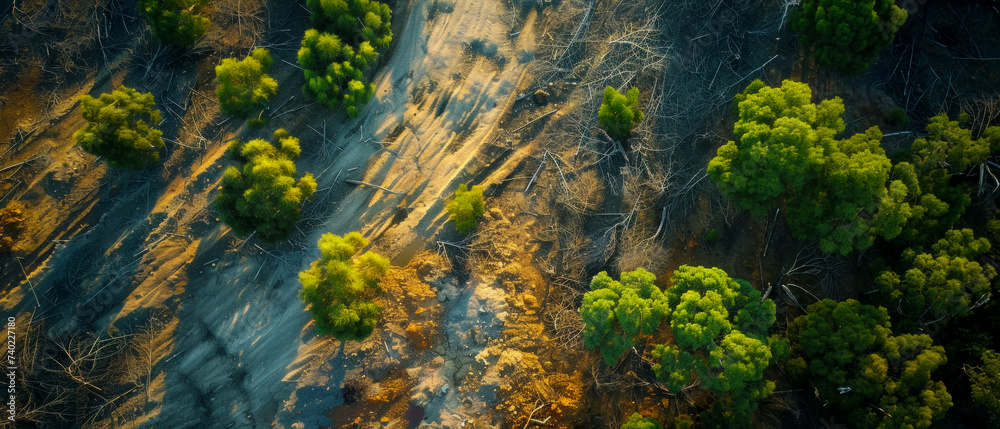 Drone view over deforested landscape vivid green fragments stand out against vast barren land
