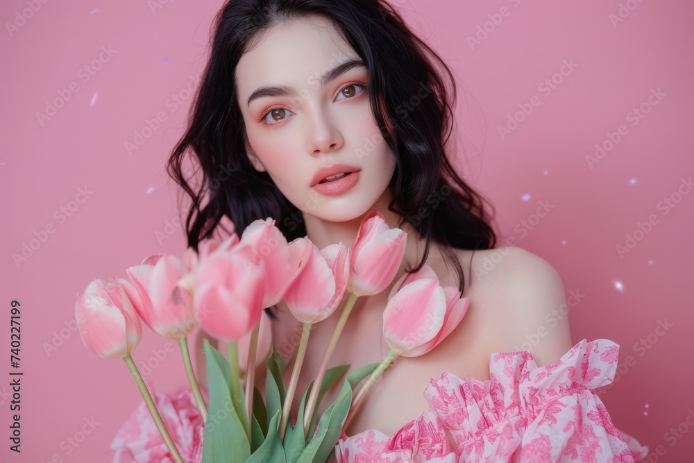 A graceful woman with a painted face stands against a soft pink wall, holding a bouquet of delicate rose petals in an intimate indoor photo shoot