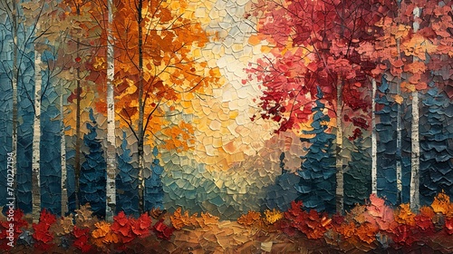 An abstract representation of a forest in autumn, where dappled light and shadow create a mosaic of warm colors. Oil artwork. 
