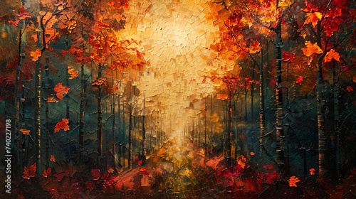 An abstract representation of a forest in autumn, where dappled light and shadow create a mosaic of warm colors. Oil artwork. 