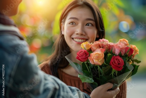 A smiling woman showcases her expertise in floral design as she arranges a beautiful bouquet of cut flowers, including vibrant roses and delicate petals, adding an elegant touch to the outdoor scener