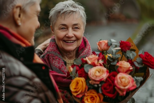 A woman's smile radiates joy as she expertly arranges a vibrant bouquet of red garden roses, her clothing matching the beauty of the cut flowers in the outdoor garden © Milos