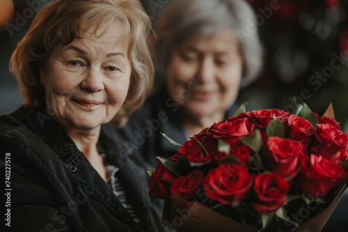 Two women beam with joy as they showcase their expertise in floristry, holding a stunning bouquet of vibrant red garden roses against a backdrop of indoor greenery © Milos