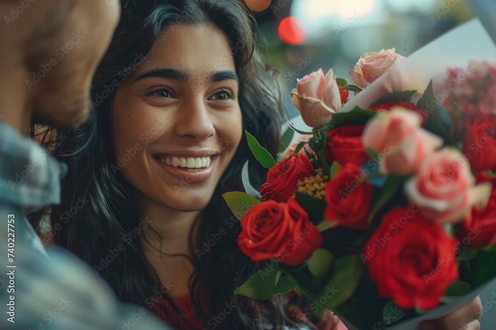 A woman's radiant smile shines as she cradles a bouquet of freshly cut garden roses, artfully arranged with artificial flowers and delicate petals, evoking the beauty and joy of nature in her outdoor A woman's radiant smile shines as she cradles a bouquet of freshly cut garden roses, artfully arranged with artificial flowers and delicate petals, evoking the beauty and joy of nature in her outdoor