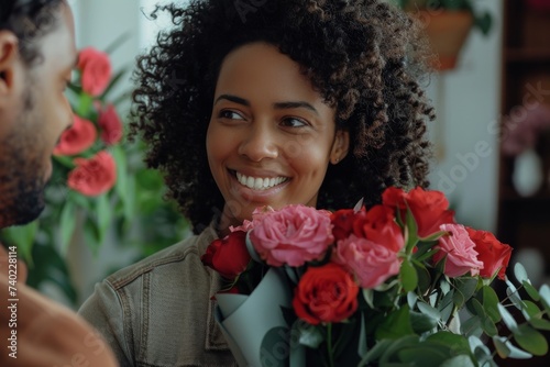 A radiant woman stands proudly with a stunning bouquet of fresh and artificial flowers, showcasing her expertise in floristry and adding a touch of beauty to the indoor space with her carefully arran
