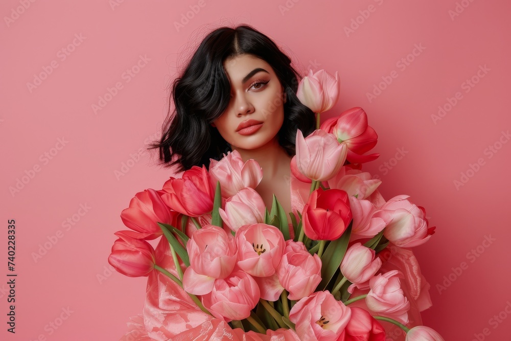 A woman with a bouquet of tulips, surrounded by vibrant garden roses and delicate carnations, stands against a wall adorned with a stunning floral design, her face illuminated with joy and admiration