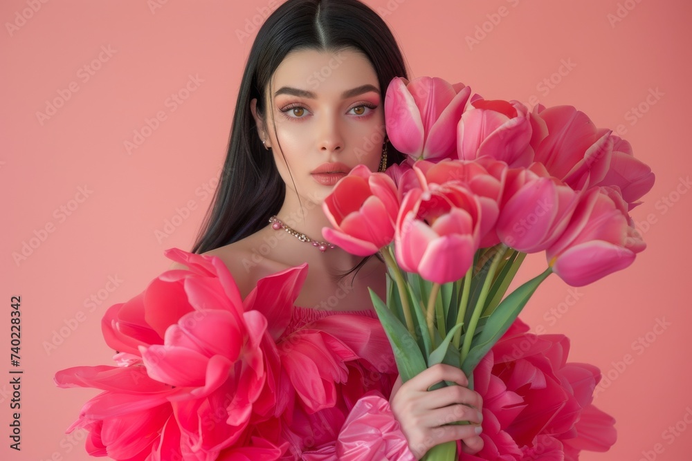 A fashion-forward woman exudes elegance as she poses with a carefully arranged bouquet of vibrant pink flowers against a white wall, showcasing her love for floristry and the beauty of nature