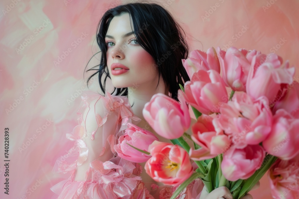 A woman's delicate touch transforms a simple bouquet of pink roses and carnations into a beautiful floral design, evoking feelings of love and femininity