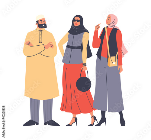 Arabian man and women in hijab vector illustration, Muslim modern fashion male and female, stylish Islamic characters