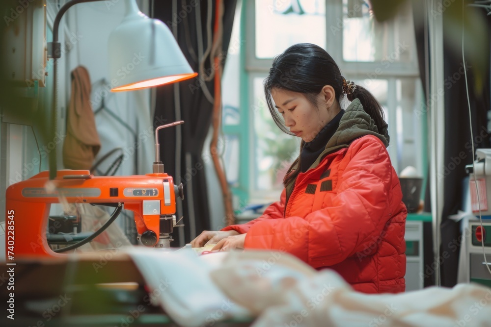 A determined woman in a vibrant red coat expertly crafts a garment on her sewing machine, showcasing the power of human skill and the beauty of handmade clothing