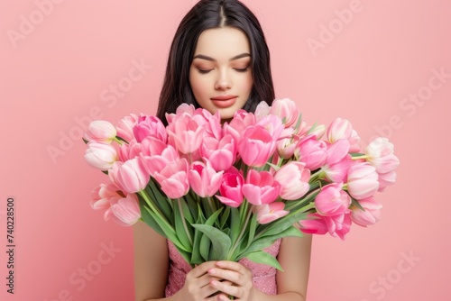A fashion-forward woman skillfully arranges a stunning bouquet of pink flowers, showcasing her floristry talents with delicate petals and a chic vase against an indoor wall adorned with artificial bl