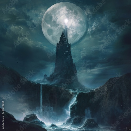 a castle tower with moon in sky