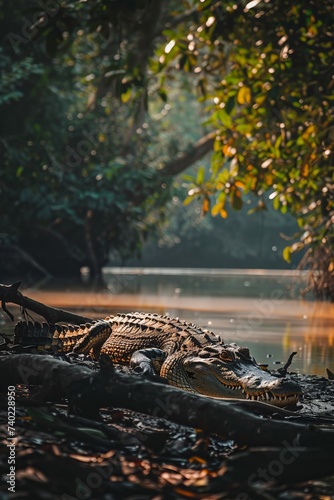 A massive alligator resting on the surface of a river, showcasing its impressive size and strength. The predator exudes a powerful presence as it basks in the sun, ready to make a move at any moment photo