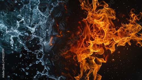 fire and water on a black background, capturing the elemental clash and opposing forces
