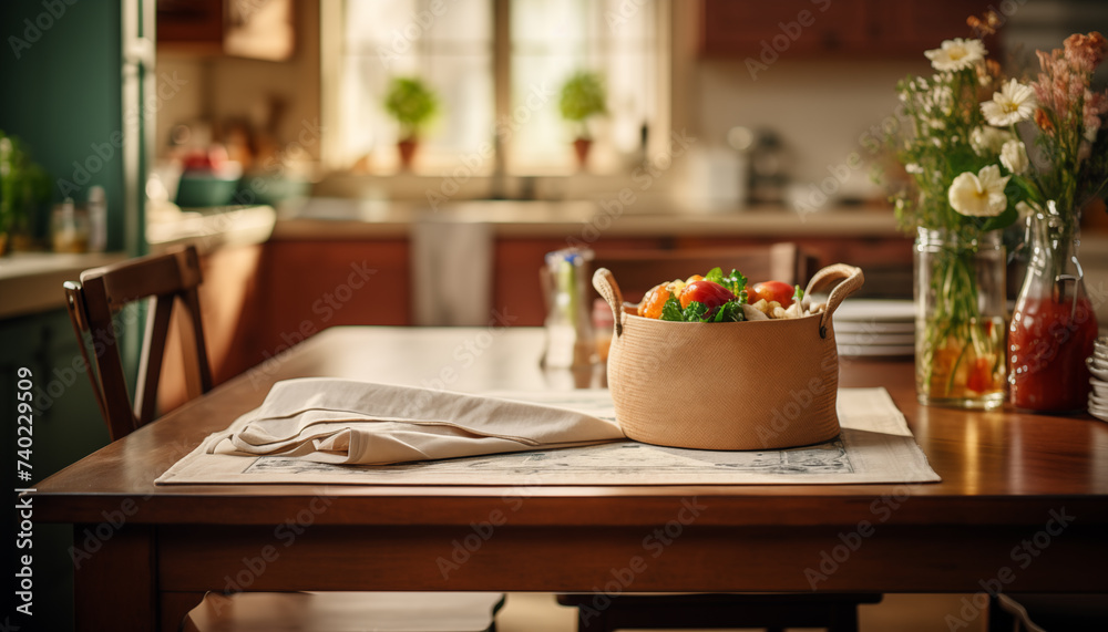 Fototapeta premium beautiful interior of the kitchen table against the background of the kitchen.