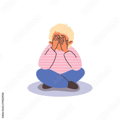 Sad child boy hides face behind hands and peeks through fingers