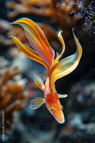 A graceful ribbon eel, known as VetalVit, swimming effortlessly in its natural habitat. The eel moves gracefully through the water, showcasing its unique ribbon-like body and distinctive coloring photo