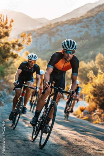 Athletes training for a cycling race on hilly terrain  Real photo quality shot on canon camera --ar 2 3 --v 6 Job ID  042cb66e-8e77-4690-a8a1-30fce1af6b79