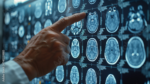 Close-up of a doctor's hand pointing out the diagnosis of a patient with Alzheimer's on a brain scan. Health care and neurology concept. photo