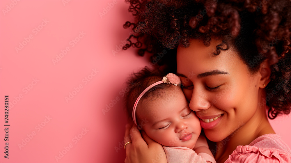 Happy African mom holding newborn baby daughter are smiling and happy on a pink wall background. Baby care. Generative AI