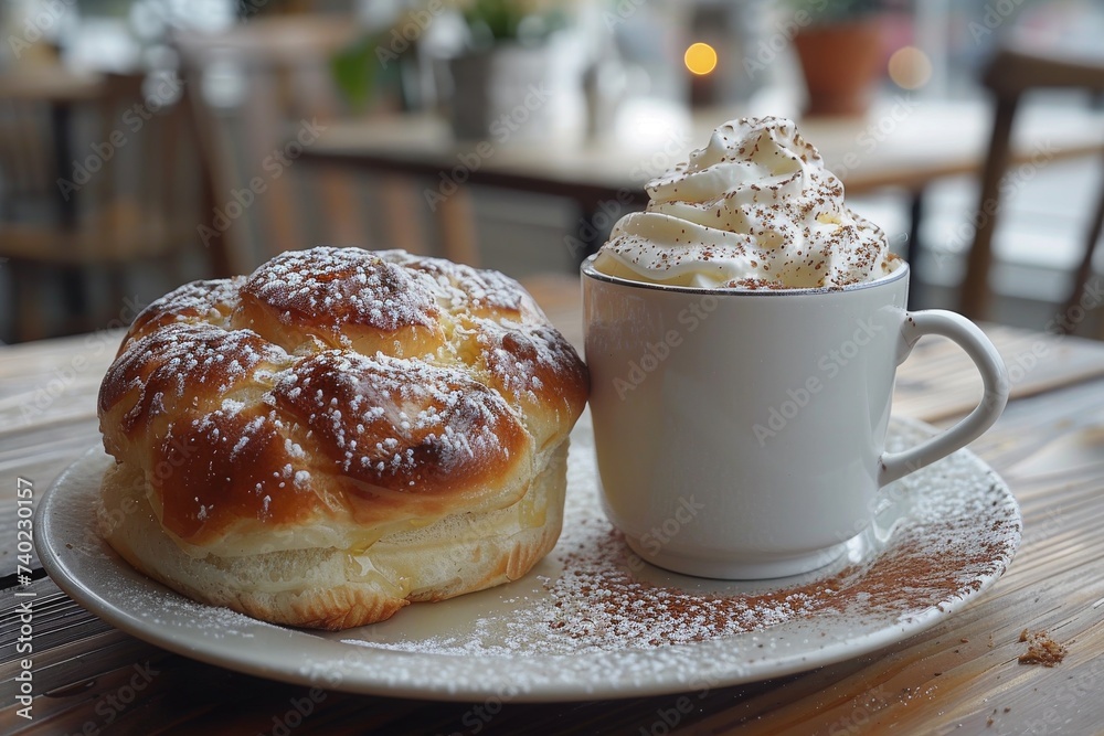 A cozy indoor breakfast with a brioche pastry, donut, and steaming cup of coffee on a wooden table set with porcelain dishware and a sprinkle of powdered sugar A cozy indoor breakfast with a brioche pastry, donut, and steaming cup of coffee on a wooden table set with porcelain dishware and a sprinkle of powdered sugar