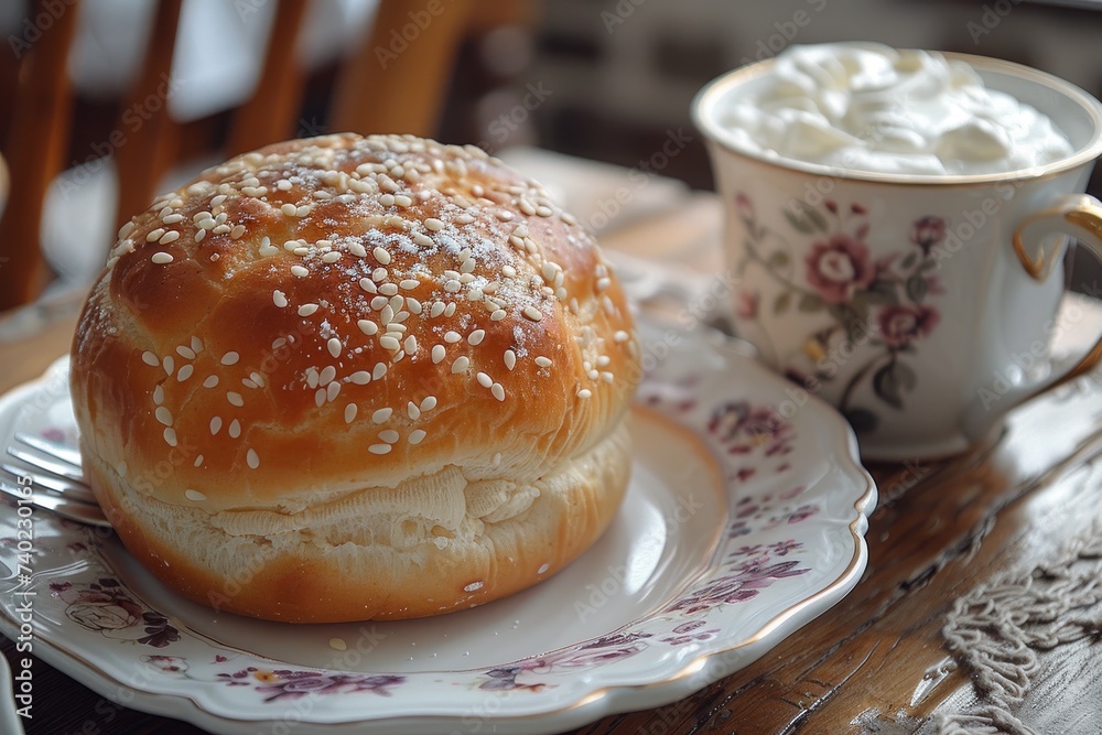 A rustic brioche bun sits upon a delicate saucer, accompanied by a steaming cup of rich coffee, creating the perfect morning snack for any gluten-loving foodie A rustic brioche bun sits upon a delicate saucer, accompanied by a steaming cup of rich coffee, creating the perfect morning snack for any gluten-loving foodie