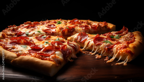 piece of juicy pizza on a uniform background.