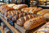 A mouth-watering array of freshly baked breads, from classic sourdough to irresistible koulourakia, lines the shelves of a cozy bakery, tempting all with its comforting aroma and satisfying promise o