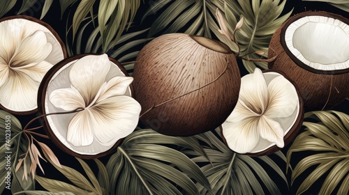 Background of tropical leaves and fresh coconut, top view. A creative concept of healthy eating, relaxation, and summer.