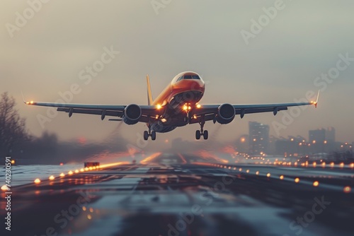 A majestic airplane soars into the vibrant winter sky, its powerful twinjet engines propelling it through the fog as it takes off from the runway, a symbol of modern air travel and the incredible fea