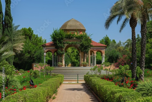 a garden with gazebo and bushes with Lodi Gardens in background