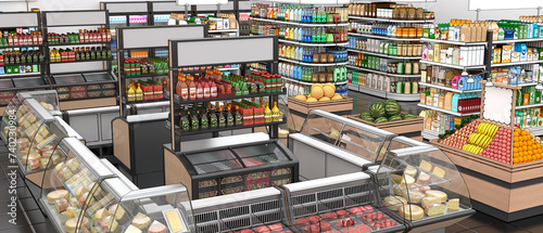 Grocery store interior with shelves of goods, drawing. 3d illustration