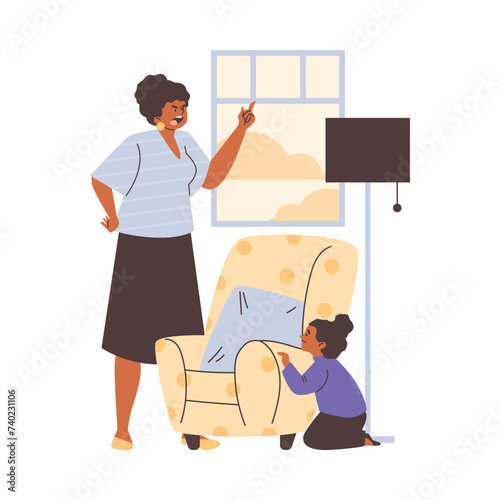 Angry mother yells at his daughter hiding behind a armchair, cartoon child abuse, raising a teenager, family conflict