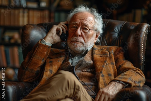 An elderly man, dressed in a suit and glasses, sits in his favorite chair surrounded by bookcases, holding a phone to his ear as he looks at a portrait on the wall, reflecting on a life filled with s