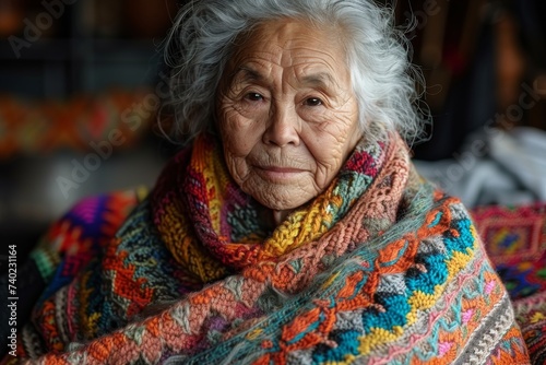 An elderly woman, adorned in a vibrant scarf, gazes at the viewer with a face full of life and experience, her wrinkled skin telling a story of a long and colorful life