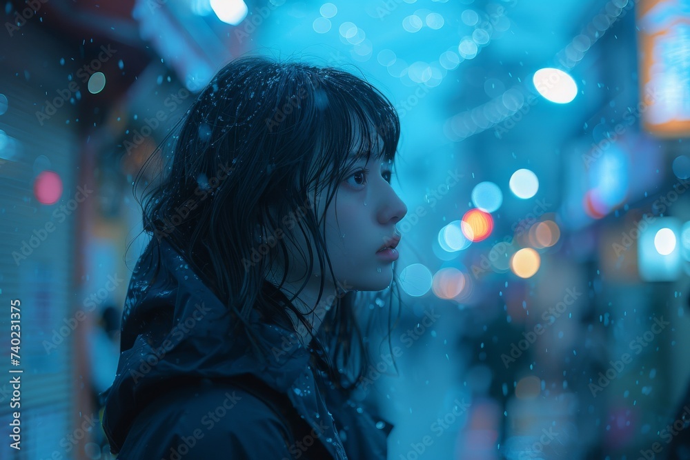 A lone figure stands drenched in the winter rain, her face illuminated by the dim streetlights, a symbol of strength and resilience amidst the darkness A lone figure stands drenched in the winter rain, her face illuminated by the dim streetlights, a symbol of strength and resilience amidst the darkness