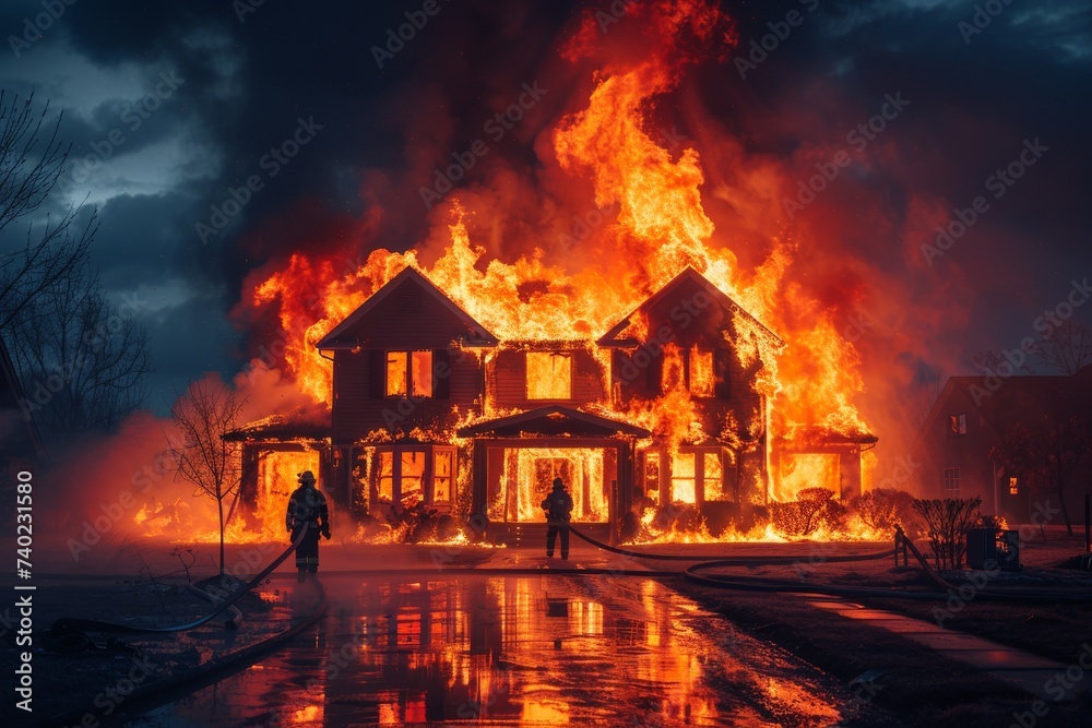 A brave firefighter battles the raging flames as a natural disaster ravages a house, surrounded by smoke and pollution, under the night sky A brave firefighter battles the raging flames as a natural disaster ravages a house, surrounded by smoke and pollution, under the night sky