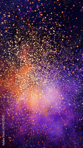 Burst of sparkling orange and purple glitter, abstract background photo