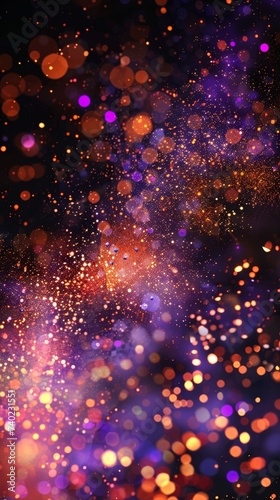 Burst of sparkling orange and purple glitter, abstract background photo