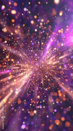 Burst of sparkling orange and purple glitter, abstract background photo