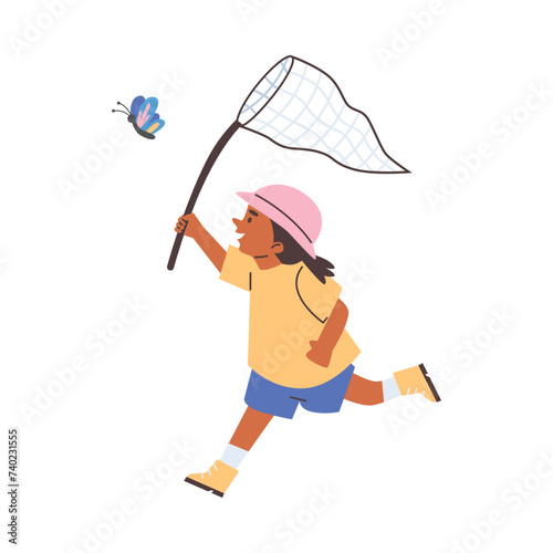 Cute child girl runs with net after butterfly flat style, vector illustration