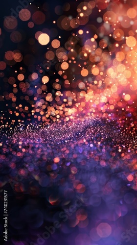 Burst of sparkling orange and purple glitter, abstract background