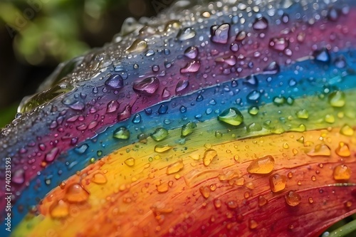 Raindrops on a leaf that looks like a rainbow, with each droplet representing a different color. © feroooz arts