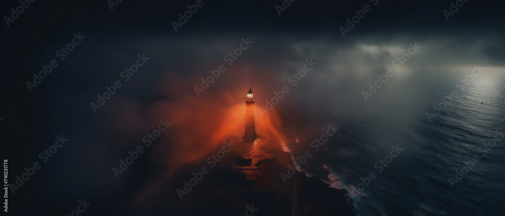 Toma cinematográfica, el haz de luz naranja del faro brilla a través de la niebla, rayos divinos, iluminación volumétrica, noche Toma cinematográfica, el haz de luz naranja del faro brilla a través de la niebla, rayos divinos, iluminación volumétrica, noche