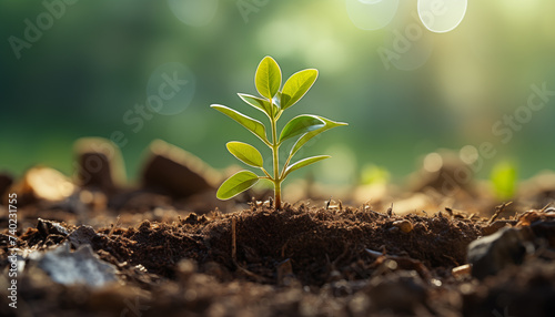 young plant in the ground in a paper slide for replanting. 