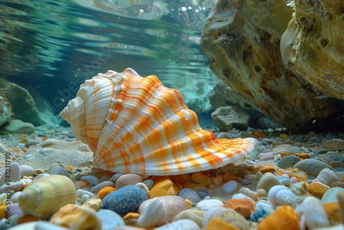 A lone sea snail's shell rests on a rock in the reef, a symbol of the delicate balance between marine invertebrates and their underwater world photo