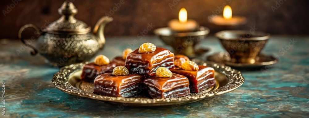 Ornate plate holding delicious sweets made from dates on table with traditional teapot.